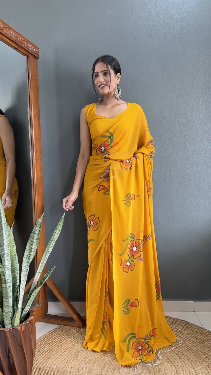 Aayaa Designer 1 min Hand Painted Ready to Wear saree - Mustard Yellow | Swadesiicart