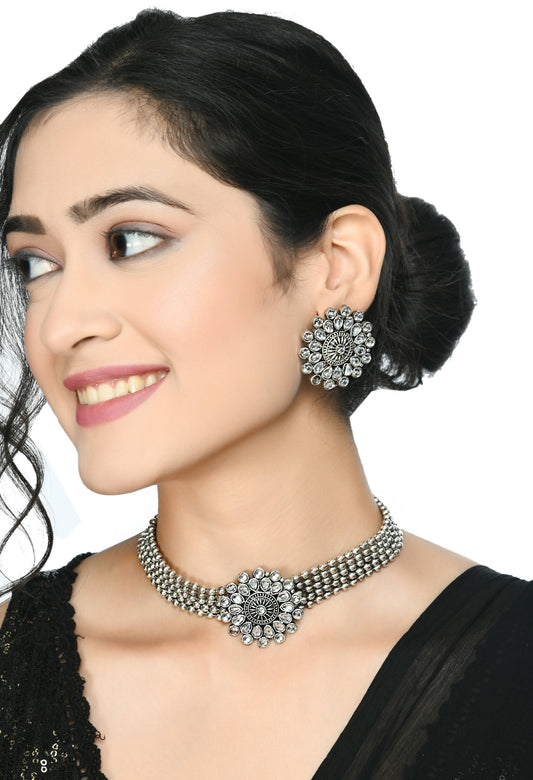 Mominos Fashion Johar Kamal Oxidised Silver-Plated Brass Finish Kundan Choker For Women (Silver) | Swadesiicart