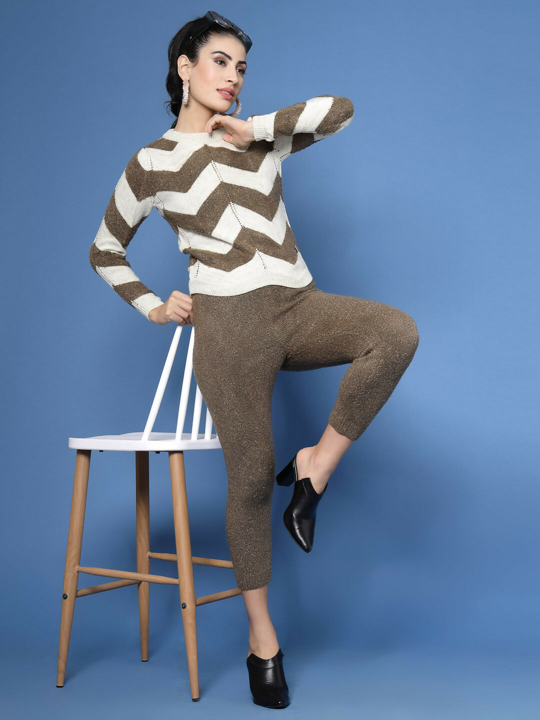 Women Cream Acrylic Stripe & Solid Winter Co-Ord Set - Wool Trees - Swadesiicart