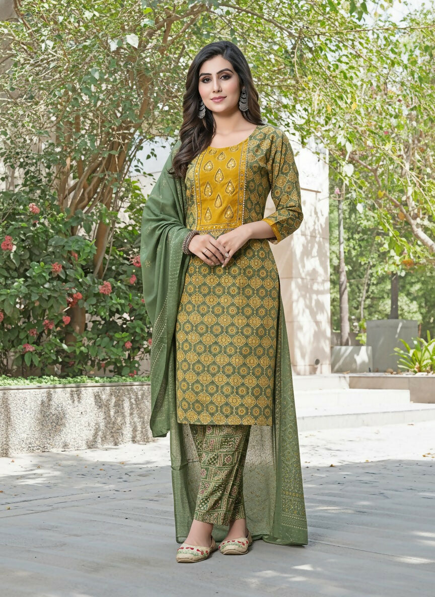 BulBul Aaliya Green Elegance Cotton Kurta Set with Embroidered Organza Dupatta - Swadesiicart