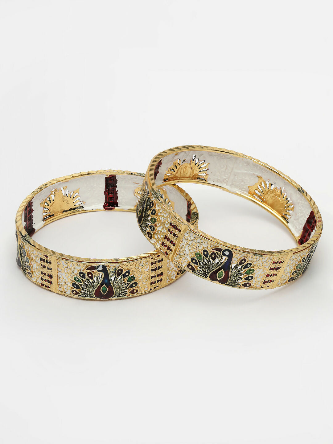 NVR Women's Set of 2 Gold-Polished Peacock Design Meenakari Handcrafted Bangles - Swadesiicart