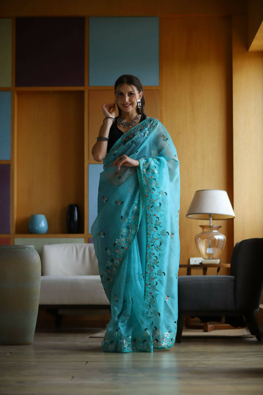 Vamsee Sky Organza Saree - Swadesiicart