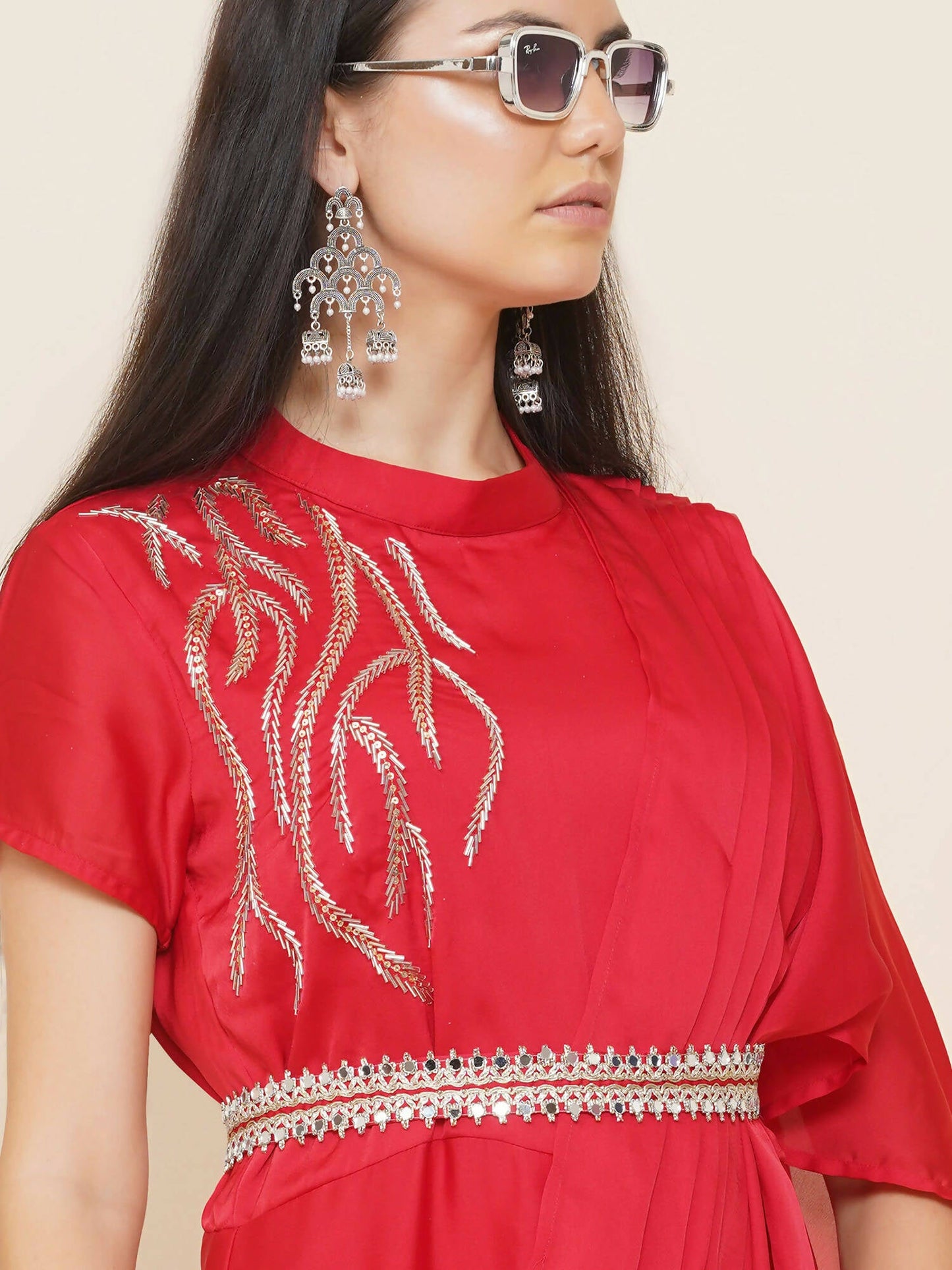 Women Republic Red Hand Embelleshed Gown With Drape | Swadesiicart
