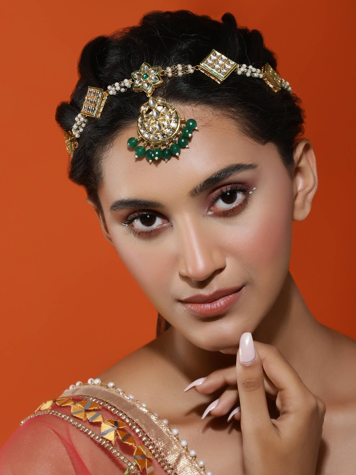 Gold-Polished White Green Kundan-Studded Pearl Beaded Matha Patti - Ruby Raang | Swadesiicart