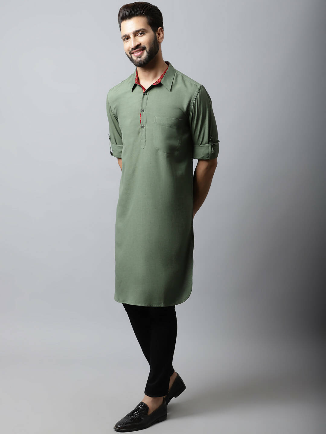 Even Apparels Green Color Linen Solid Men's Kurta With Shirt Collar (LN944) | Swadesiicart