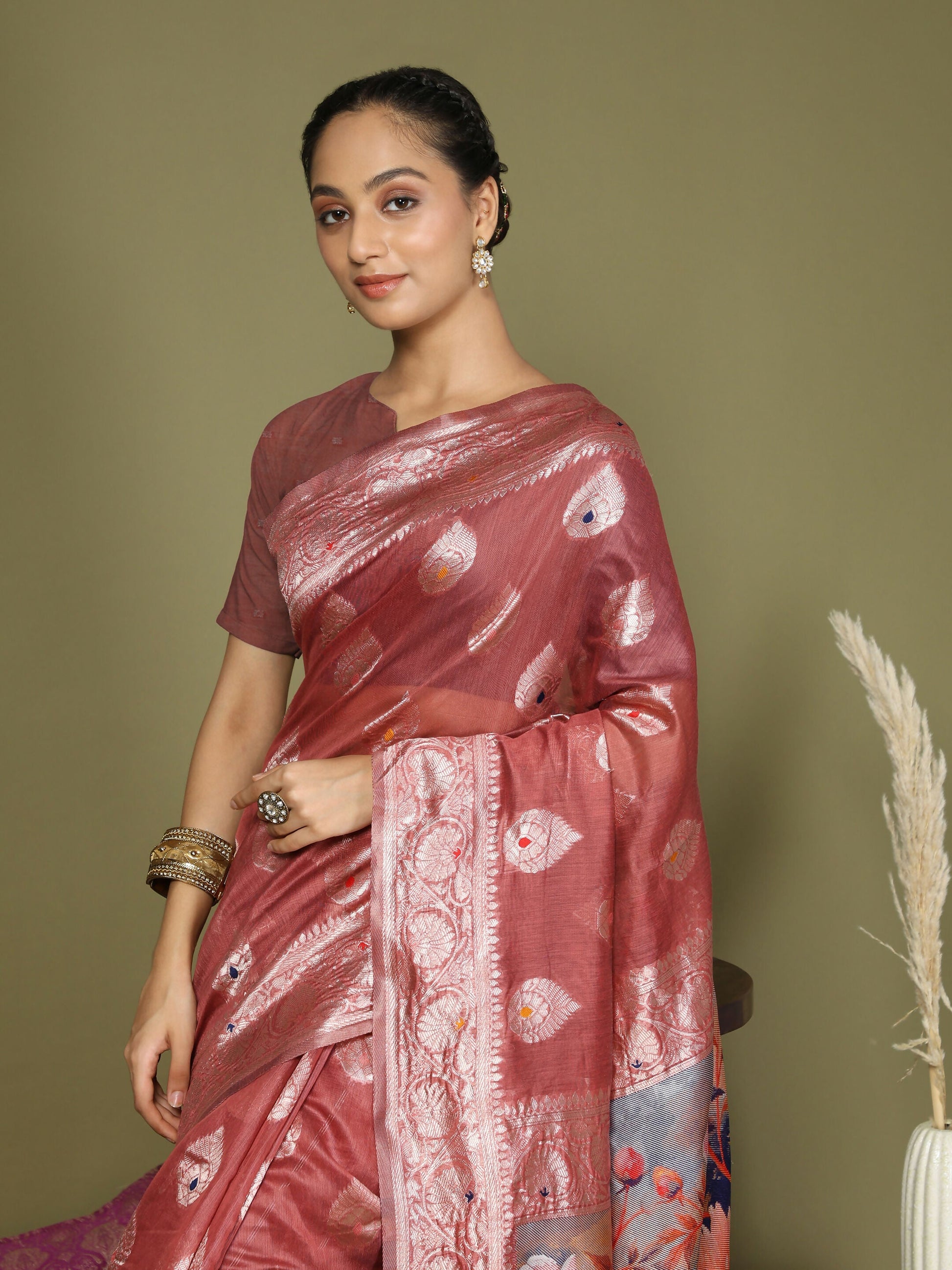 Shree Shyam Fashion Linen Cotton Rust Saree