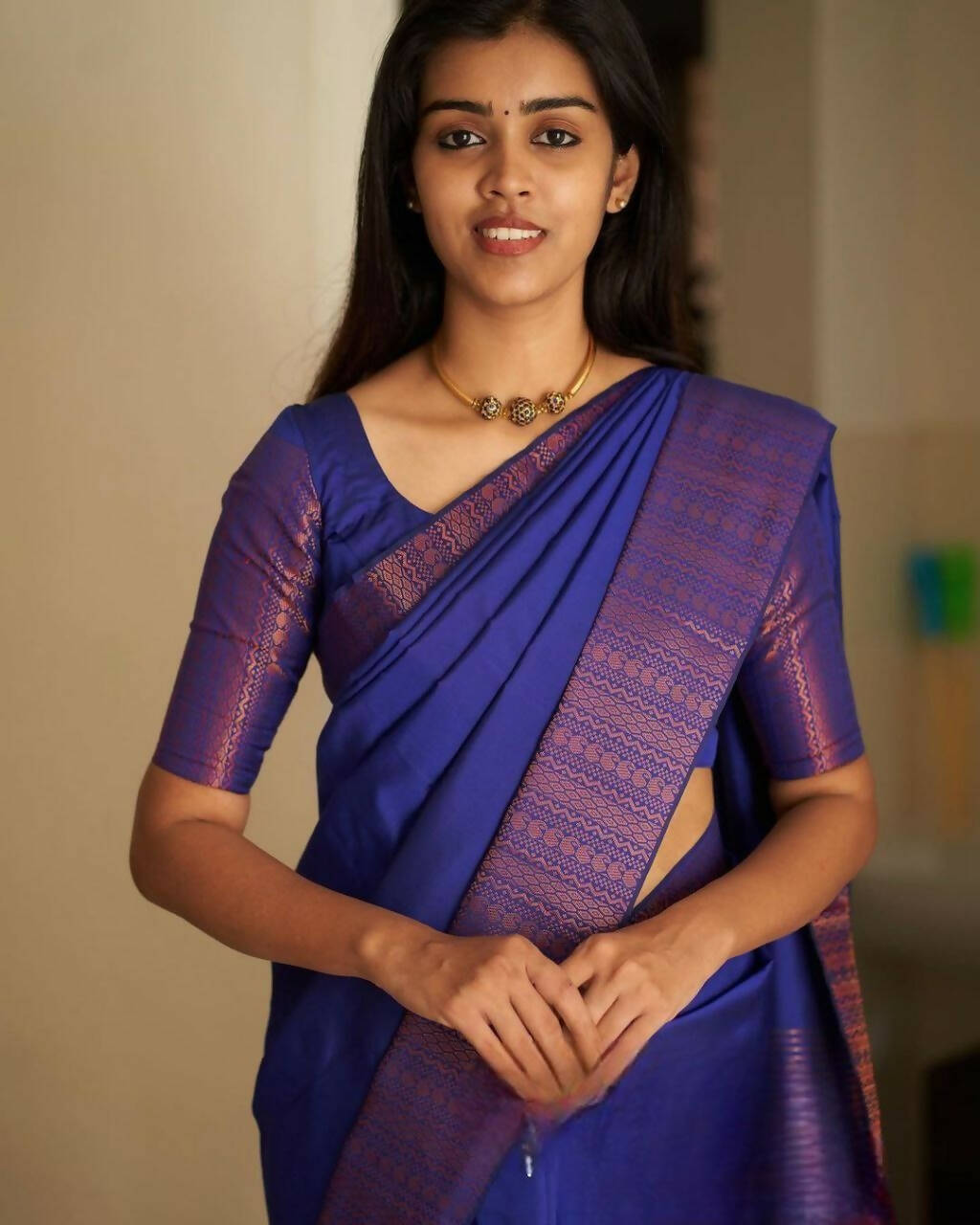 DEIANA'S Beautiful Designer Golden zari Soft Lichi Silk Saree - BLue - Swadesiicart