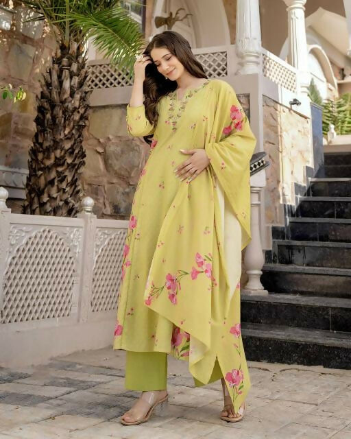 The52 Lemons Women's Beautiful Chanderi Fabric Printed Work Straight Kurta Pant and Dupatta Set - Swadesiicart