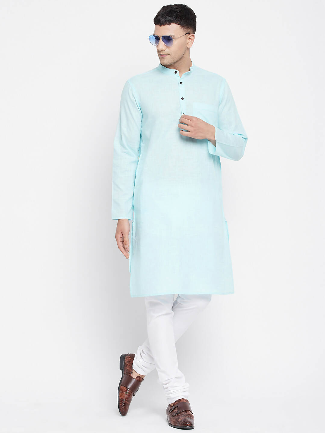 Even Apparels Pure Cotton Blue Color Men's Kurta With Band Collar | Swadesiicart