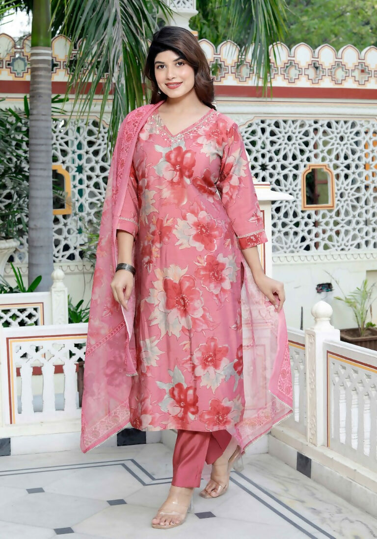 Miravan Women's Muslin Pink V-Neck Embroidered Kurta with Palazzo and Dupatta - Swadesiicart