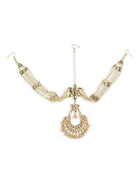 Gold-Polished White Kundan-Studded Pearl Beaded Matha Patti - Ruby Raang | Swadesiicart