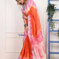 Very Much Indian Handmade Tie And Dye Cotton Saree By Women Weavers - Orange Pink | Swadesiicart