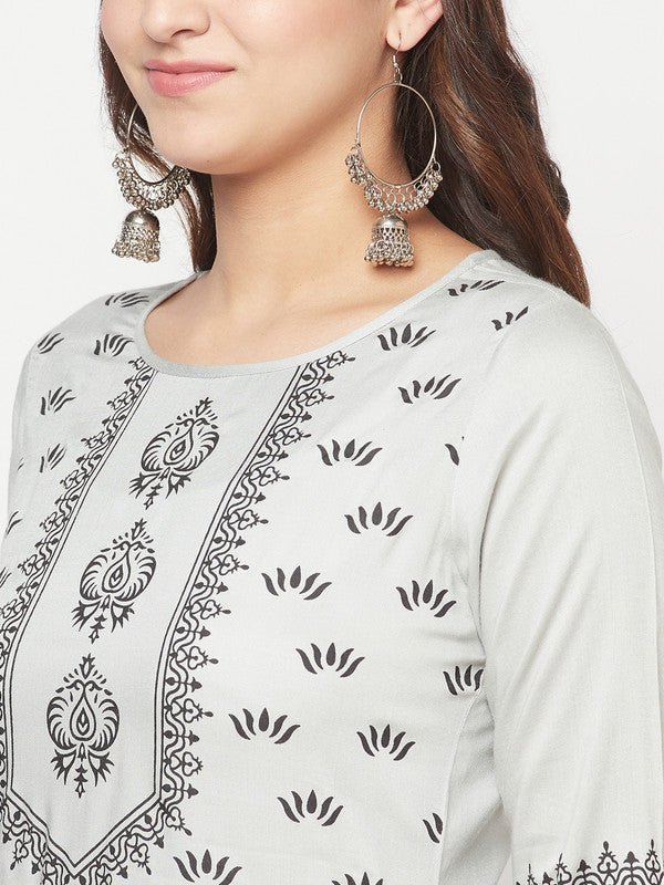 Aniyah Rayon Screen Print Light Grey Straight Kurta - Swadesiicart