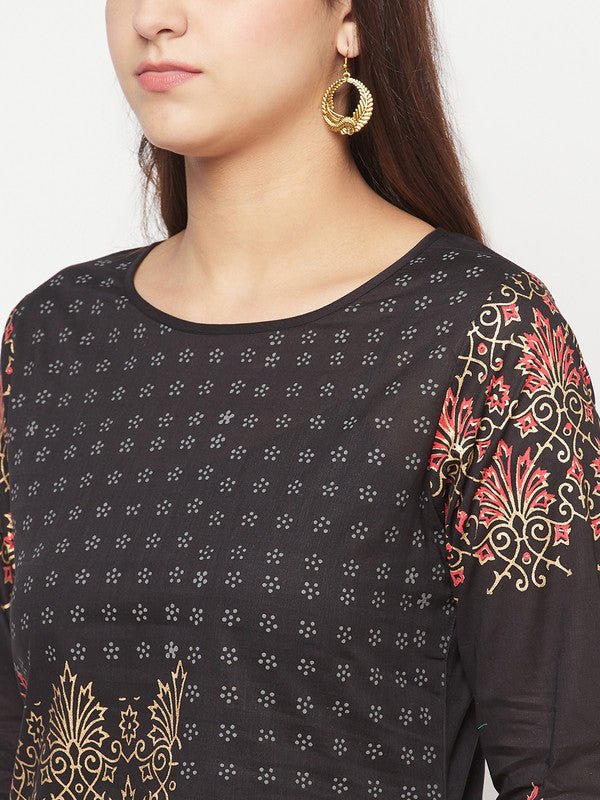 Aniyah Black Color Cotton Block Print Straight Kurta - Swadesiicart