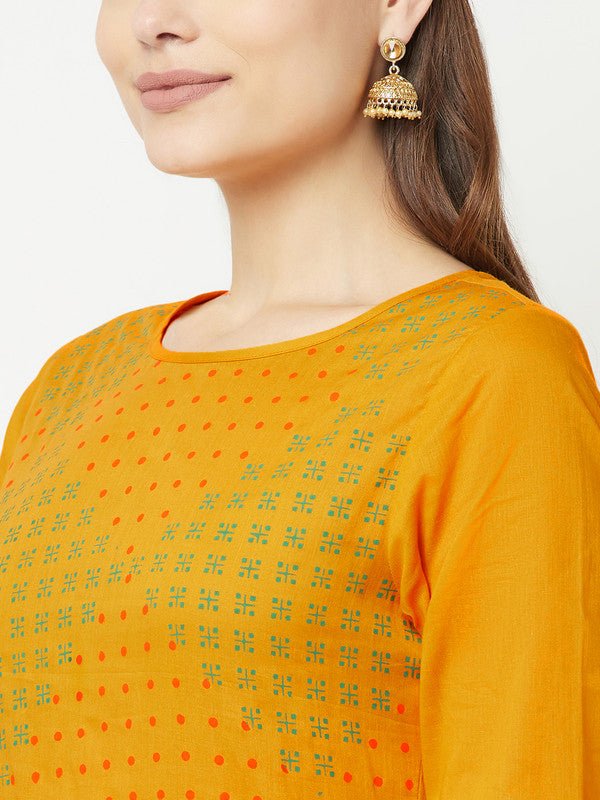 Aniyah Cotton Block Print Mustard Color Straight Kurta - Swadesiicart