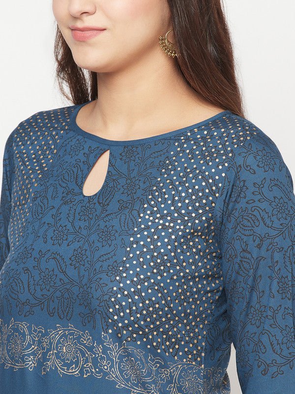Aniyah Rayon Block Print Straight Blue Kurta - Swadesiicart