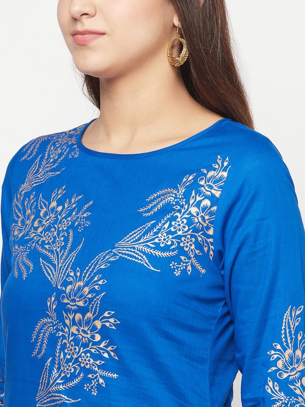 Aniyah Cotton Foil Print Royal Blue Straight Kurta - Swadesiicart