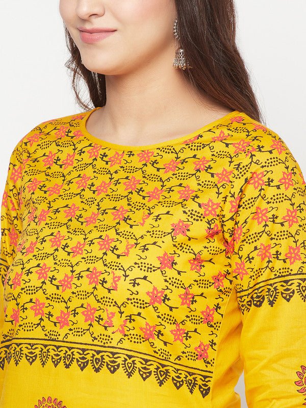 Aniyah Mustard Cotton Block Print Straight Kurta - Swadesiicart