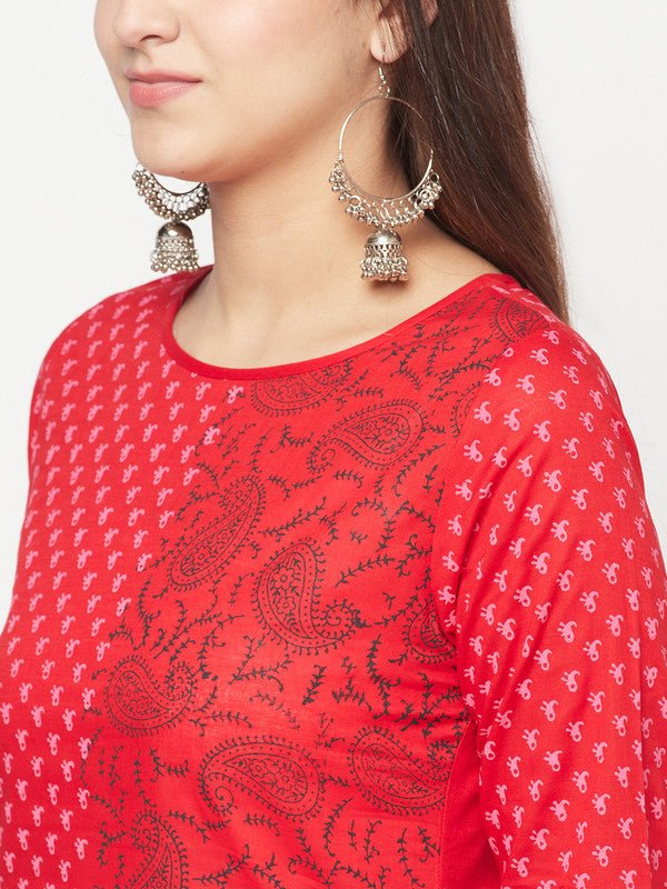 Aniyah Cotton Block Print Red Color Straight Kurta - Swadesiicart