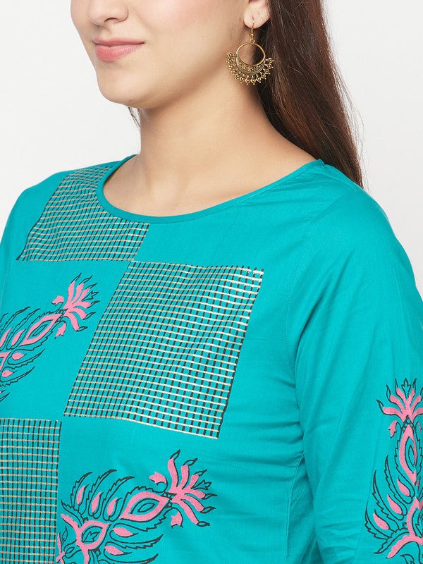 Aniyah Cotton Block Print Turquoise Straight Kurta - Swadesiicart
