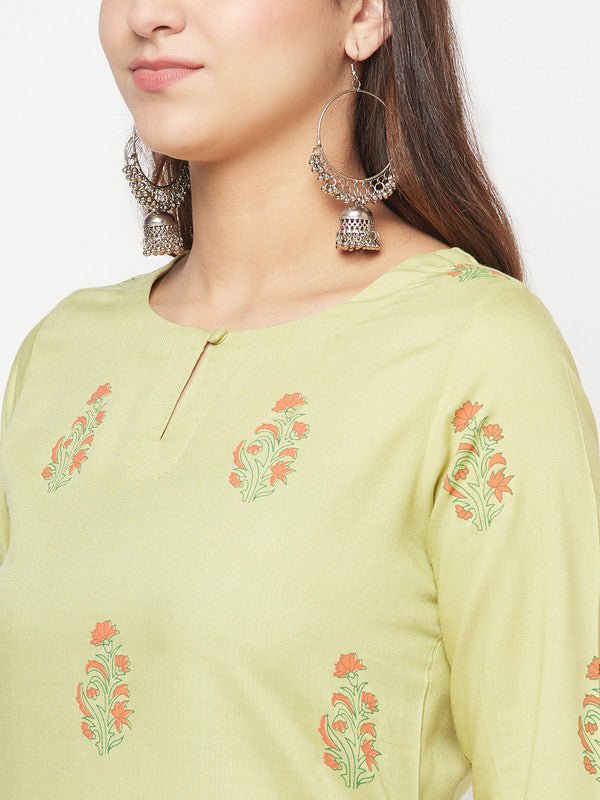 Aniyah Rayon Screen Print Pista Green Straight Kurta - Swadesiicart
