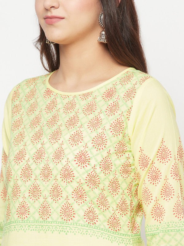 Aniyah Cotton Block Print Lemon Yellow Straight Kurta - Swadesiicart