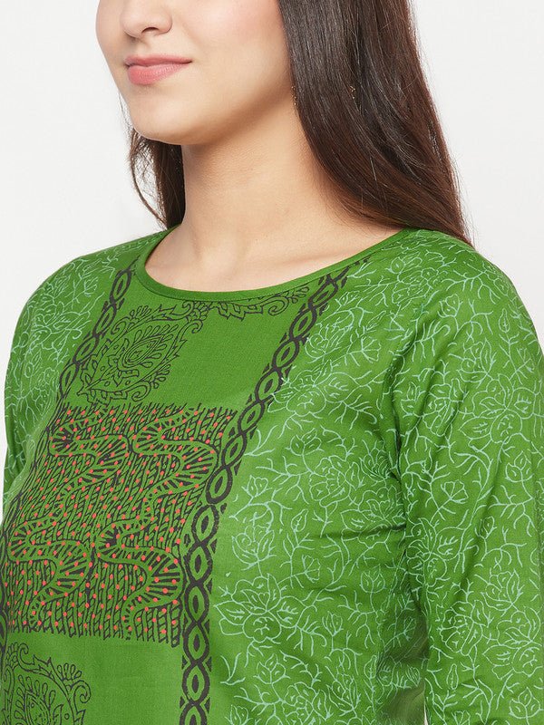 Aniyah Cotton Block Print Green Straight Kurta - Swadesiicart