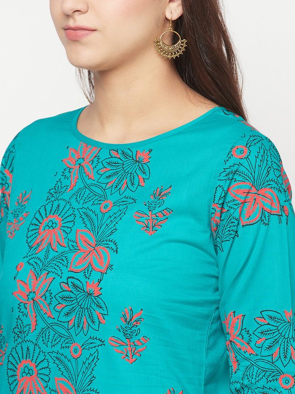 Aniyah Turquoise Cotton Block Print Straight Kurta - Swadesiicart