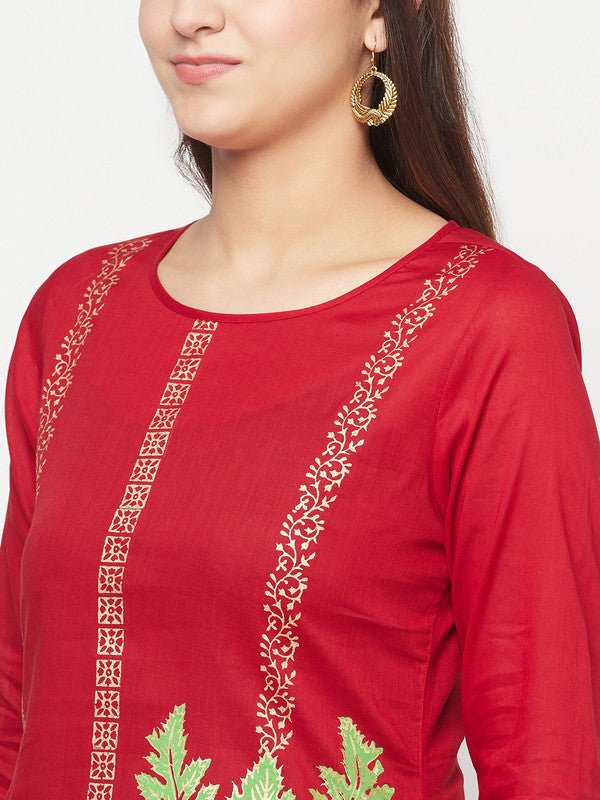 Aniyah Cotton Foil Print Maroon Straight Kurta - Swadesiicart