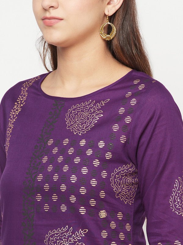 Aniyah Cotton Foil Print Purple Straight Kurta - Swadesiicart