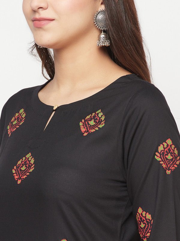 Aniyah Rayon Block Print Straight Kurta - Black - Swadesiicart