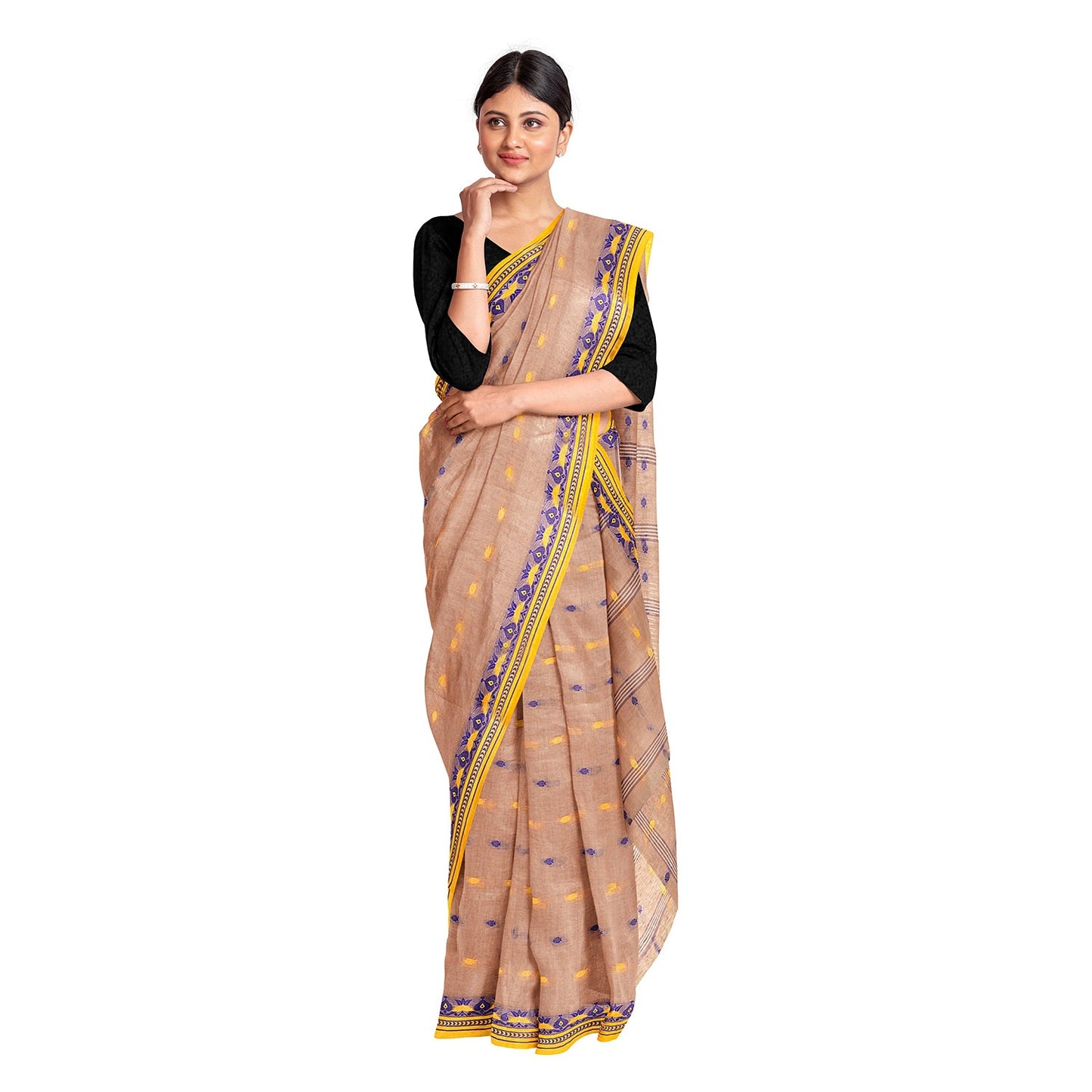 Exclusive Collection 100% Pure Cotton Light Biege Tant Saree With Hand Weaving Work - Swadesiicart