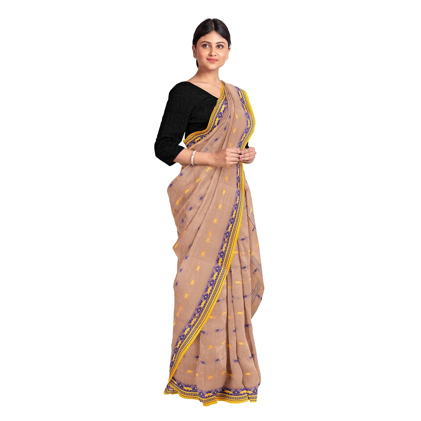 Exclusive Collection 100% Pure Cotton Light Biege Tant Saree With Hand Weaving Work - Swadesiicart