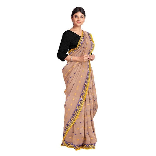 Exclusive Collection 100% Pure Cotton Light Biege Tant Saree With Hand Weaving Work - Swadesiicart