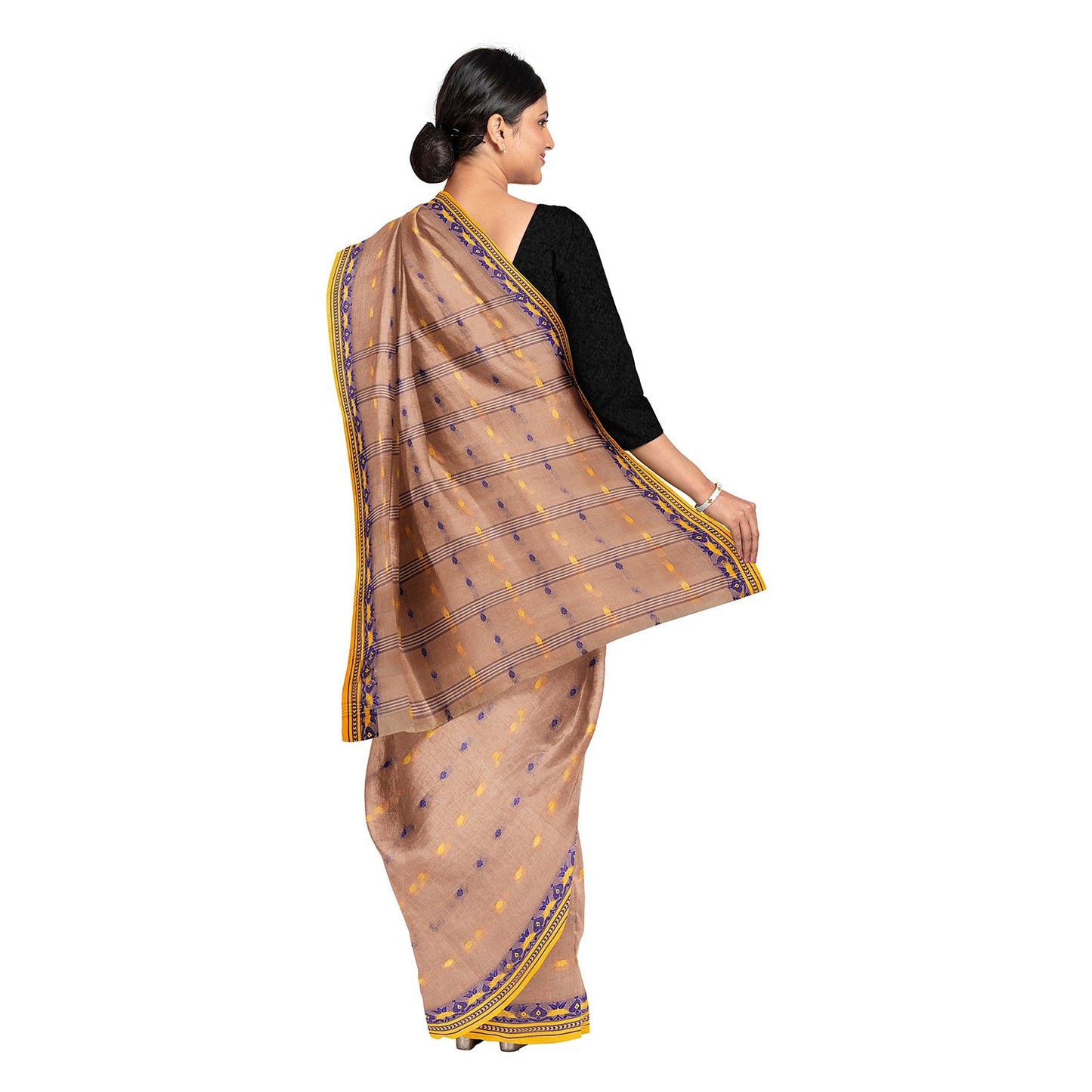 Exclusive Collection 100% Pure Cotton Light Biege Tant Saree With Hand Weaving Work - Swadesiicart