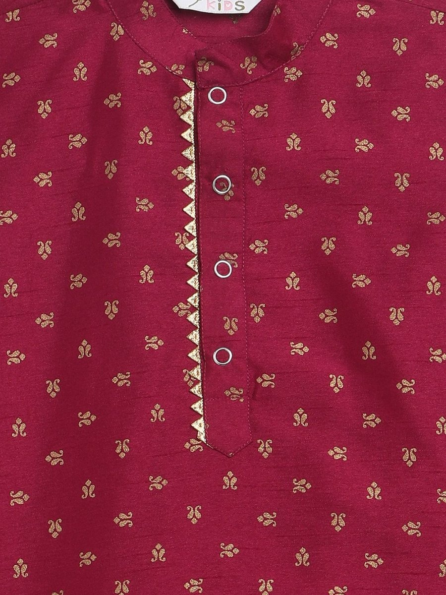 Ahalyaa Boys Wine Poly Silk Gold Printed Kids Kurta Churidar Set | Swadesiicart