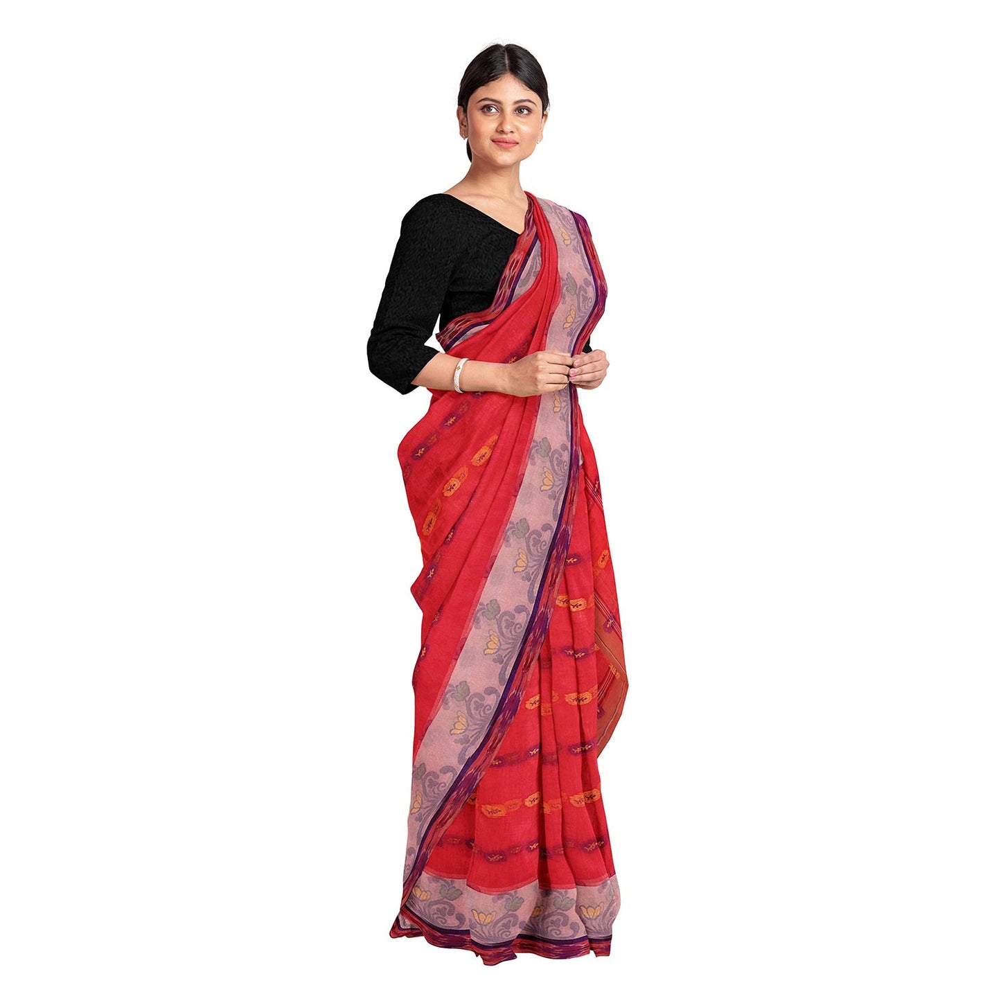 Exclusive Collection 100% Pure Cotton Red Tant Saree With Hand Weaving Work - Swadesiicart