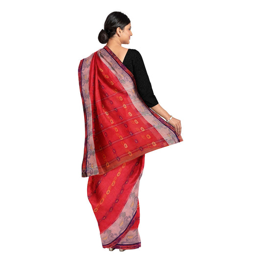 Exclusive Collection 100% Pure Cotton Red Tant Saree With Hand Weaving Work - Swadesiicart