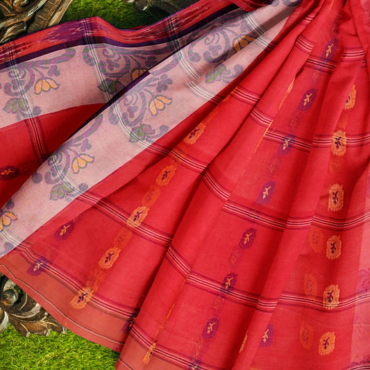 Exclusive Collection 100% Pure Cotton Red Tant Saree With Hand Weaving Work - Swadesiicart
