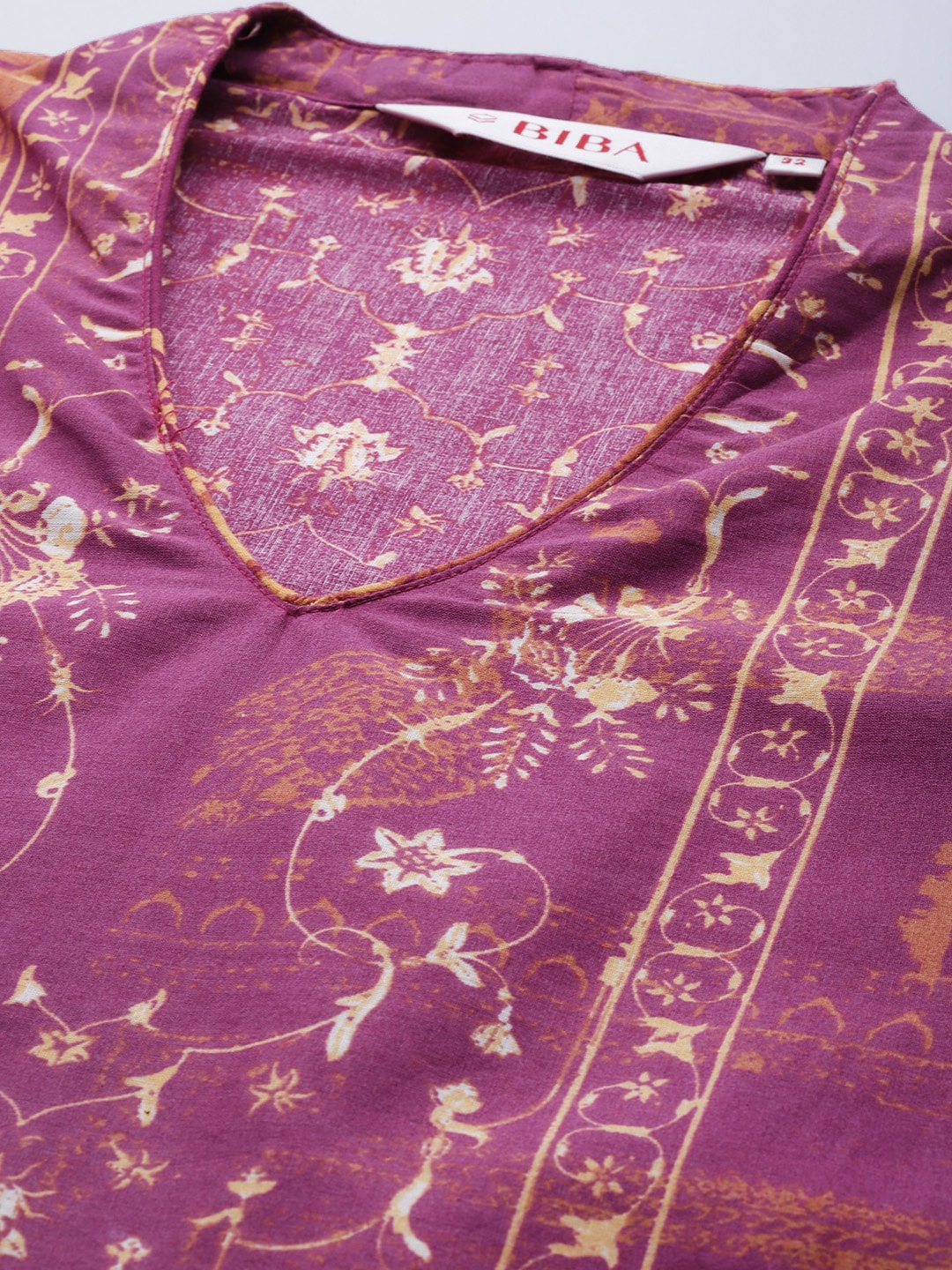 Biba Women Purple & Brown Pure Cotton Ethnic Motifs Printed V-Neck Sleeveless Kurta - Swadesiicart