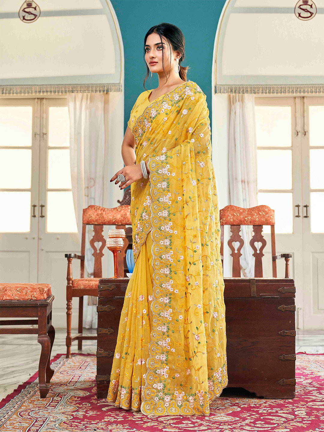 Tikhi Imli Yellow Ethnic Motifs Beads and Stones Embroidered Saree | Swadesiicart