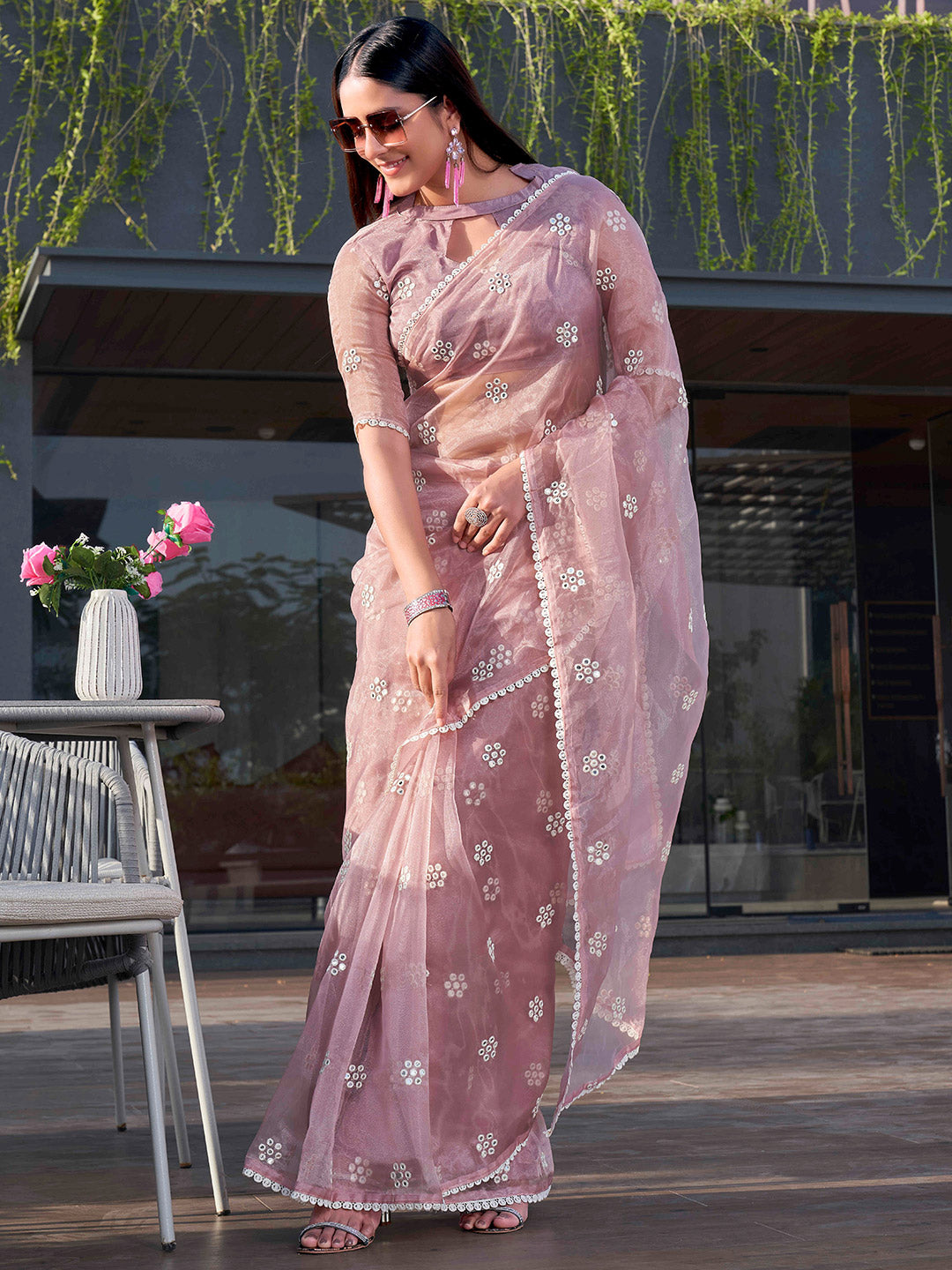 Tikhi Imli Pink Floral Embroidered Mirror Work Organza Saree | Swadesiicart