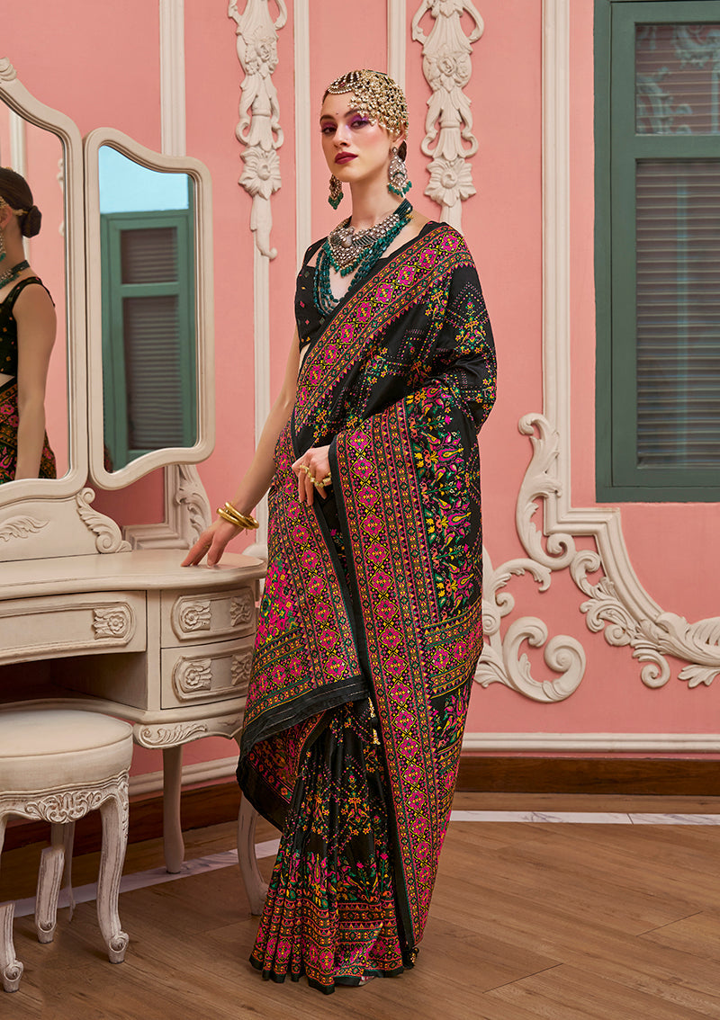 Monjolika Fashion Black Banarasi Silk Traditional Saree with Meenakari and Weaving Work | Swadesiicart