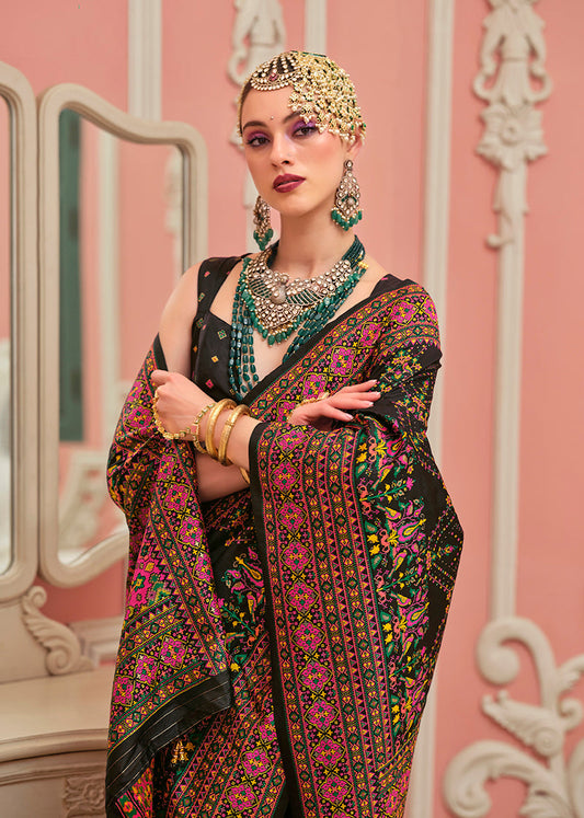 Monjolika Fashion Black Banarasi Silk Traditional Saree with Meenakari and Weaving Work | Swadesiicart