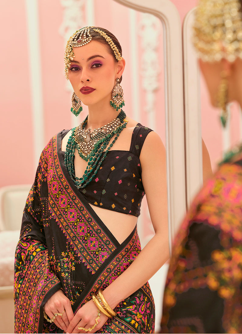 Monjolika Fashion Black Banarasi Silk Traditional Saree with Meenakari and Weaving Work | Swadesiicart