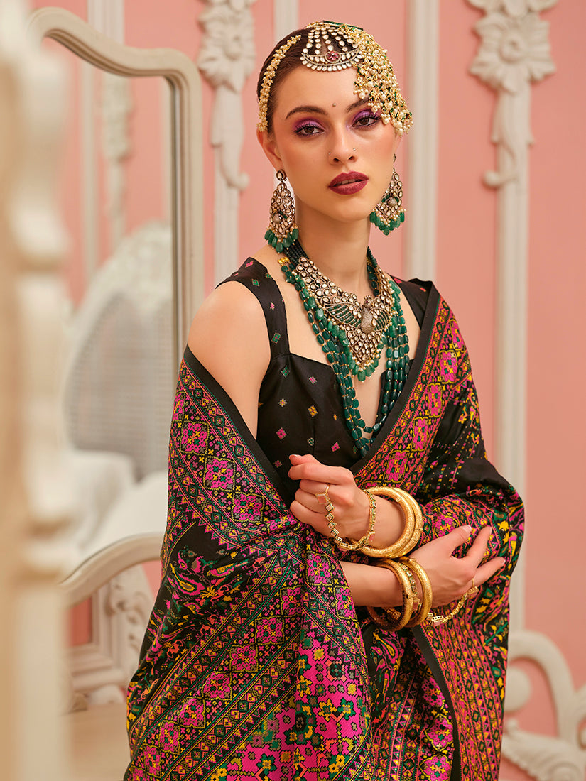Monjolika Fashion Black Banarasi Silk Traditional Saree with Meenakari and Weaving Work | Swadesiicart