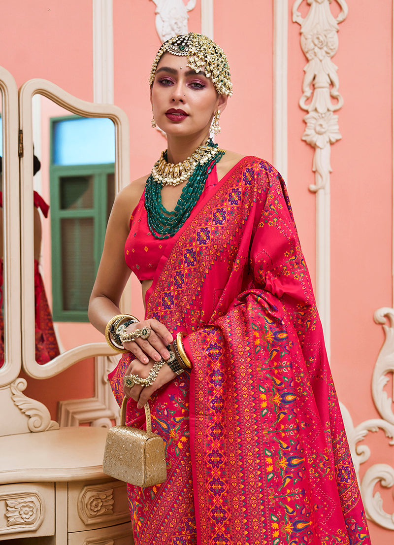Monjolika Fashion Pink Banarasi Silk Traditional Saree with Meenakari and Weaving Work | Swadesiicart