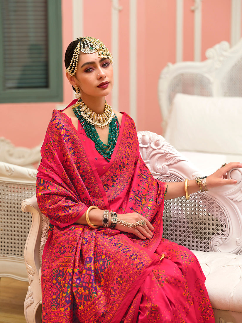 Monjolika Fashion Pink Banarasi Silk Traditional Saree with Meenakari and Weaving Work | Swadesiicart