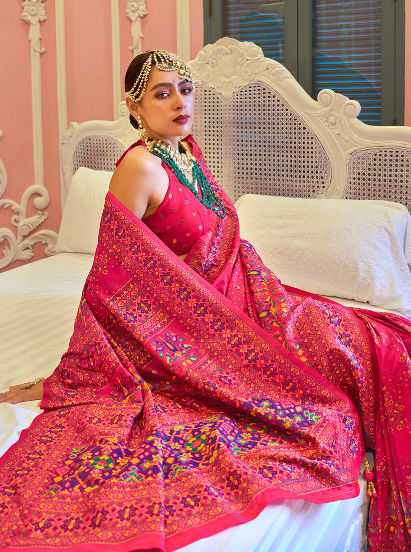 Monjolika Fashion Pink Banarasi Silk Traditional Saree with Meenakari and Weaving Work | Swadesiicart