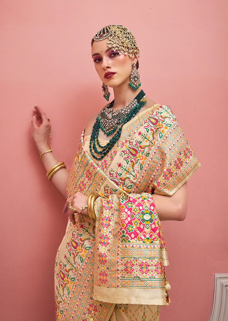Monjolika Fashion Cream Banarasi Silk Traditional Saree with Meenakari and Weaving Work | Swadesiicart